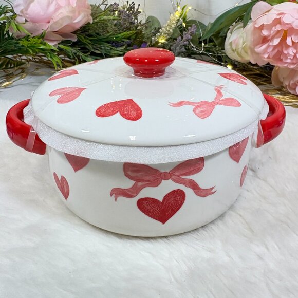 Grace Bake Shop Red Heart Bow Covered Serving Baking Dish Casserole Oven Safe - Picture 2 of 5